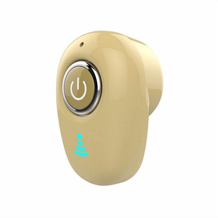 Mini beige wireless Bluetooth headset with power button and LED indicator light