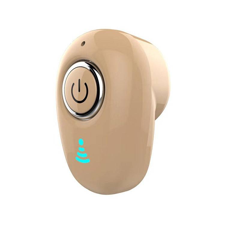 Beige mini wireless Bluetooth earbud with power button and LED indicator light