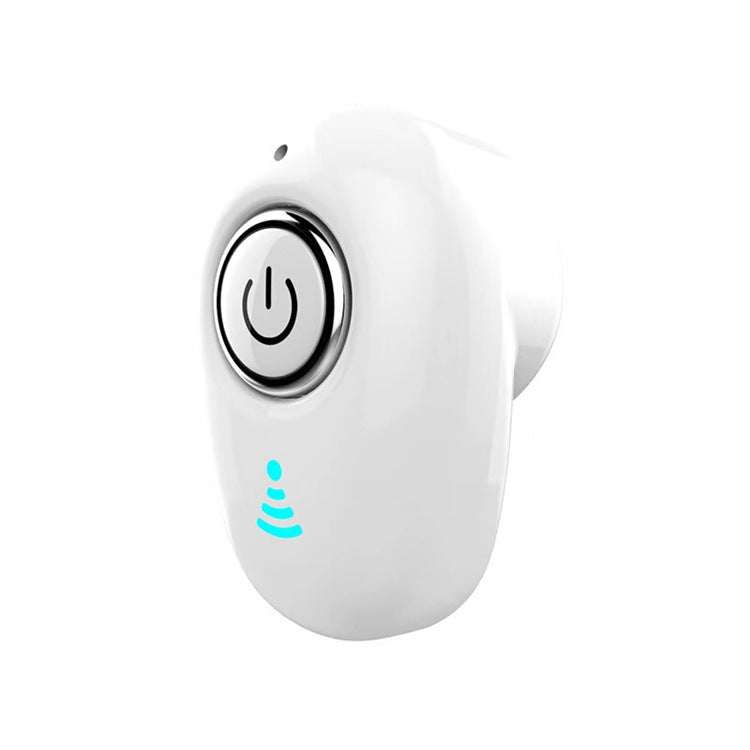 Mini white Bluetooth wireless invisible earbud with power button and LED indicator light