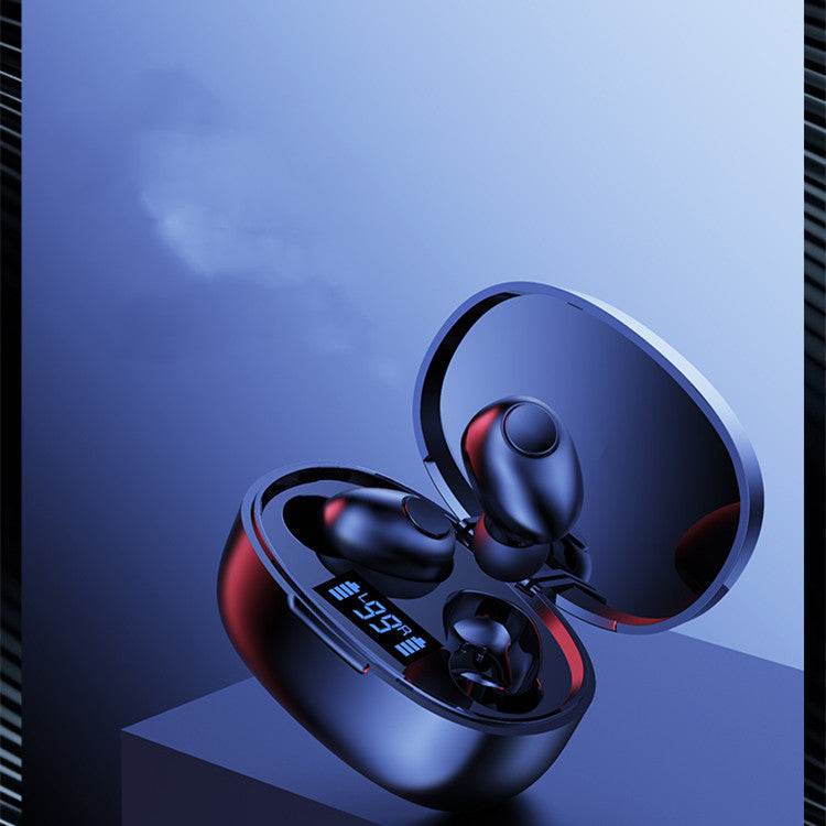Black mini single and double earbuds sport noise-cancelling Bluetooth headset with digital display