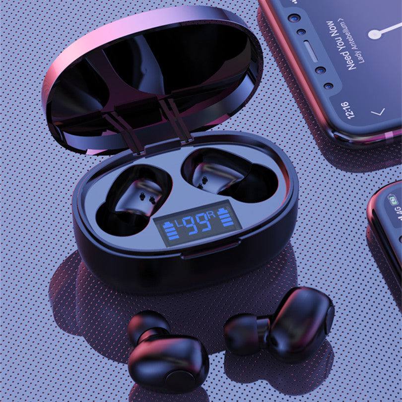 Black mini sport earbuds with noise-cancelling Bluetooth headset and digital charging case display