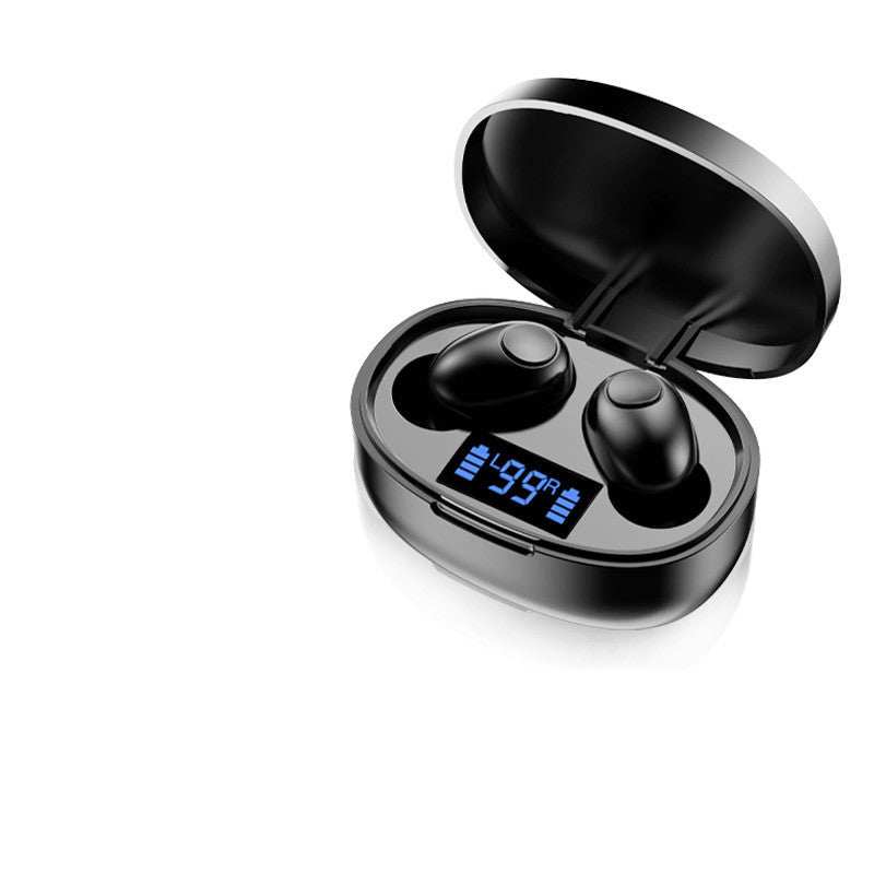Black mini wireless earbuds with charging case and digital battery display, Bluetooth 5.0 sport noise-cancelling headset