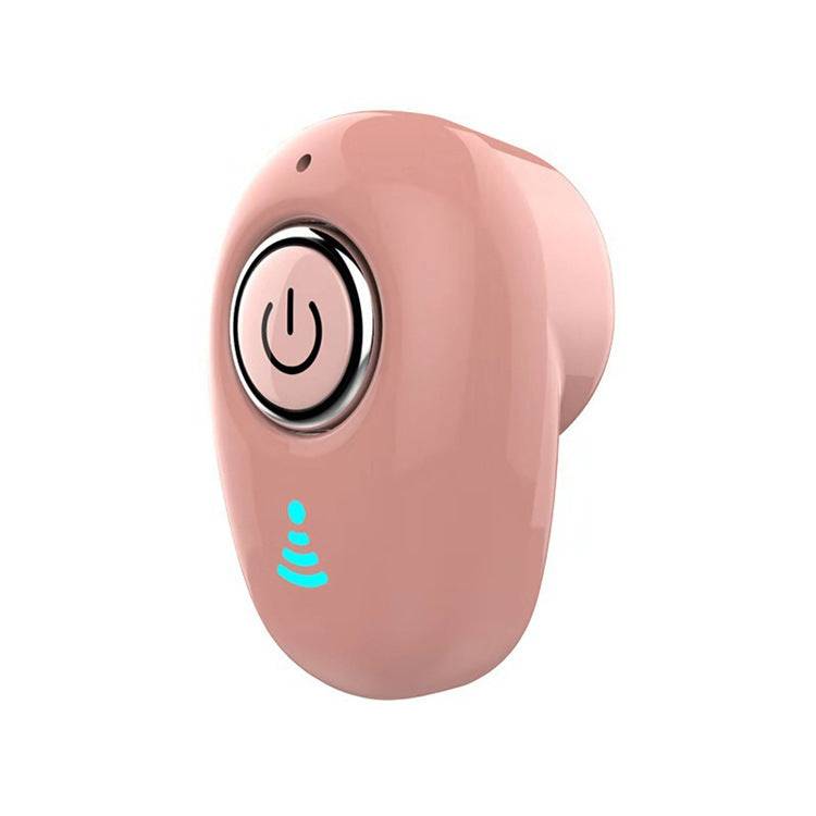 Mini wireless Bluetooth earbud headset in pink with power button and signal indicator light
