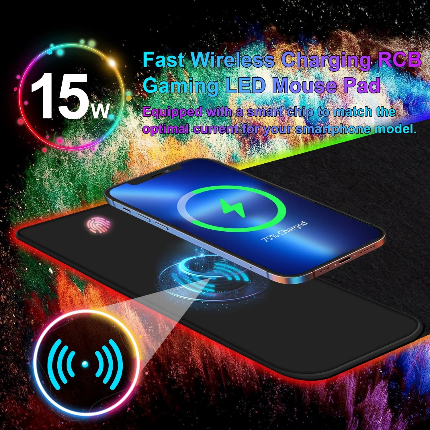 RGB 15W Large Wireless Charger Gaming Mouse Pad, Desk Mat with 10 Light Modes, Keyboard Pad with Non-Slip Rubber Base