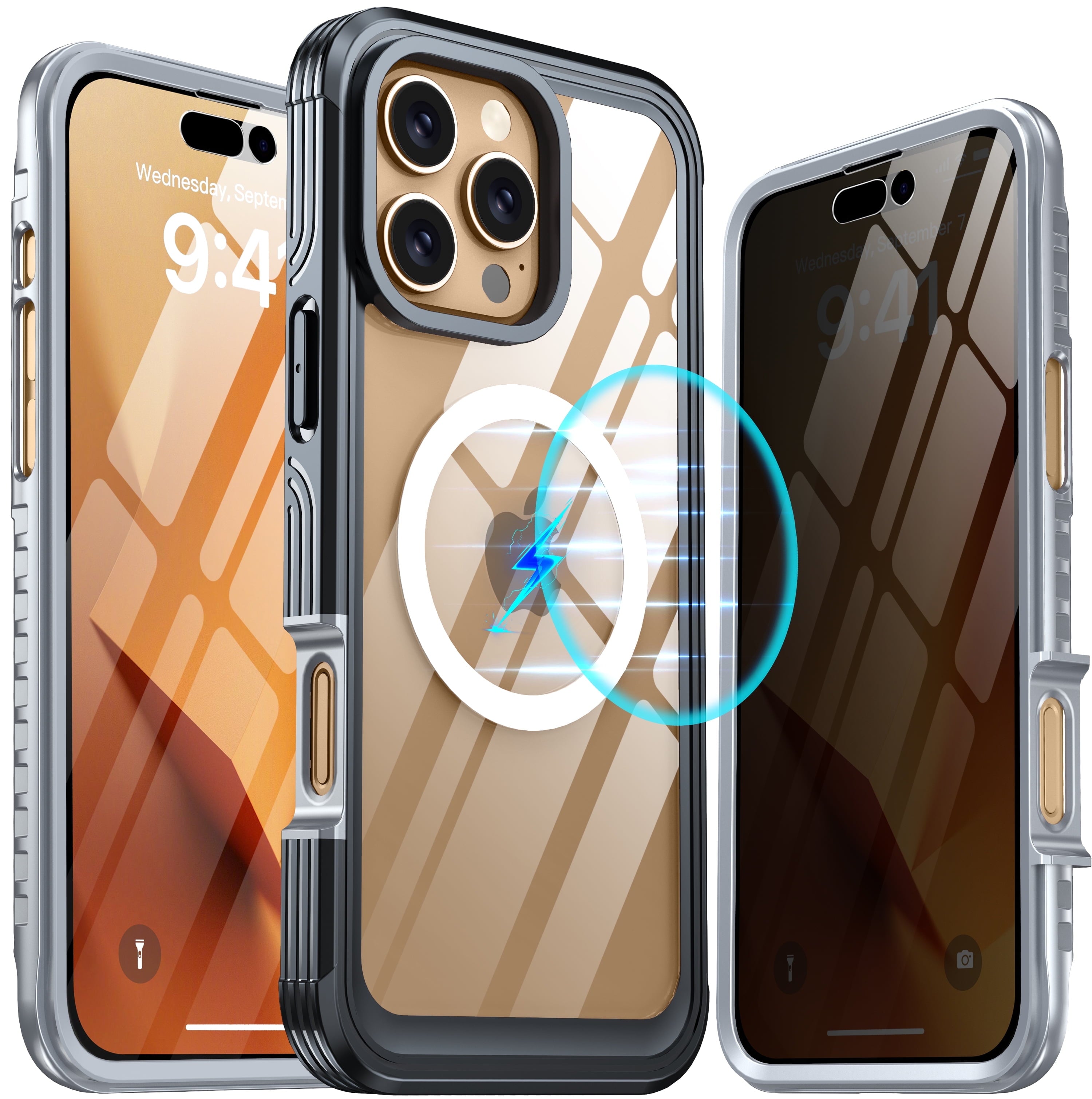 iPhone 16 Case, Double Front Frame Built-In 9H Tempered Glass Screen Protector + Privacy Screen Protector, Compatible with Magsafe