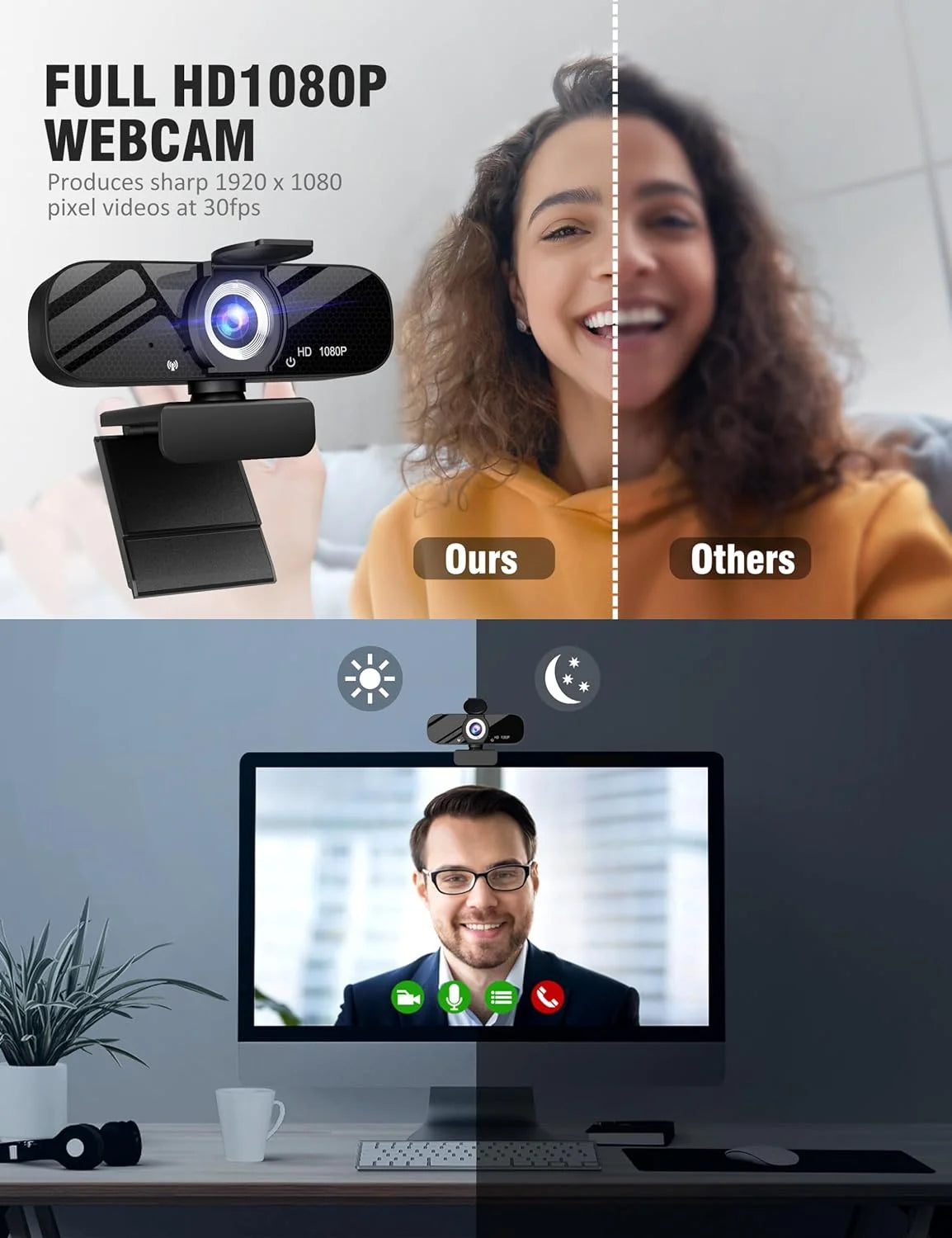 Full HD 1080P Webcam with Privacy Shutter and Tripod, Pro Streaming Web Camera with Microphone