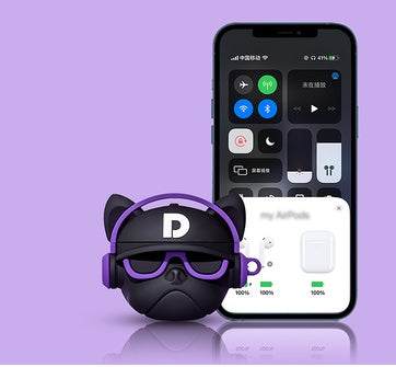 Mini sports high battery wireless dual earbuds with bulldog-themed charging case and smartphone connectivity display