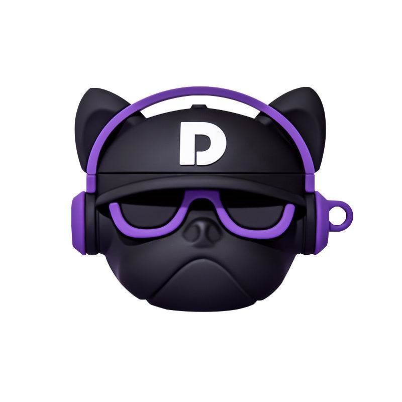 Black and purple bulldog-shaped wireless earbud case with sunglasses