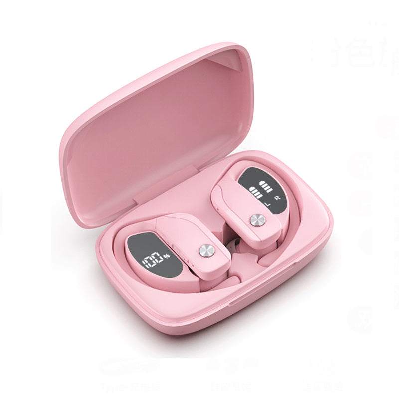 Pink NVAHVA Bluetooth wireless sport earbuds with digital display in charging case