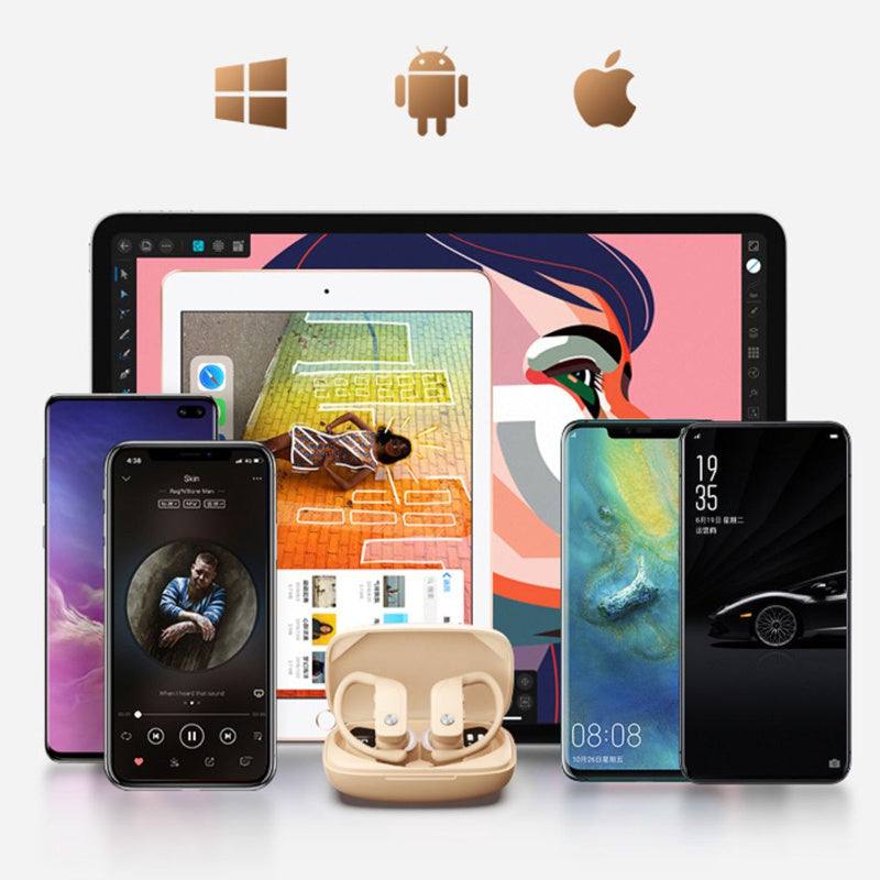 NVAHVA Bluetooth wireless sport earbuds with true wireless stereo and charging case compatible with Windows, Android, and Apple devices.
