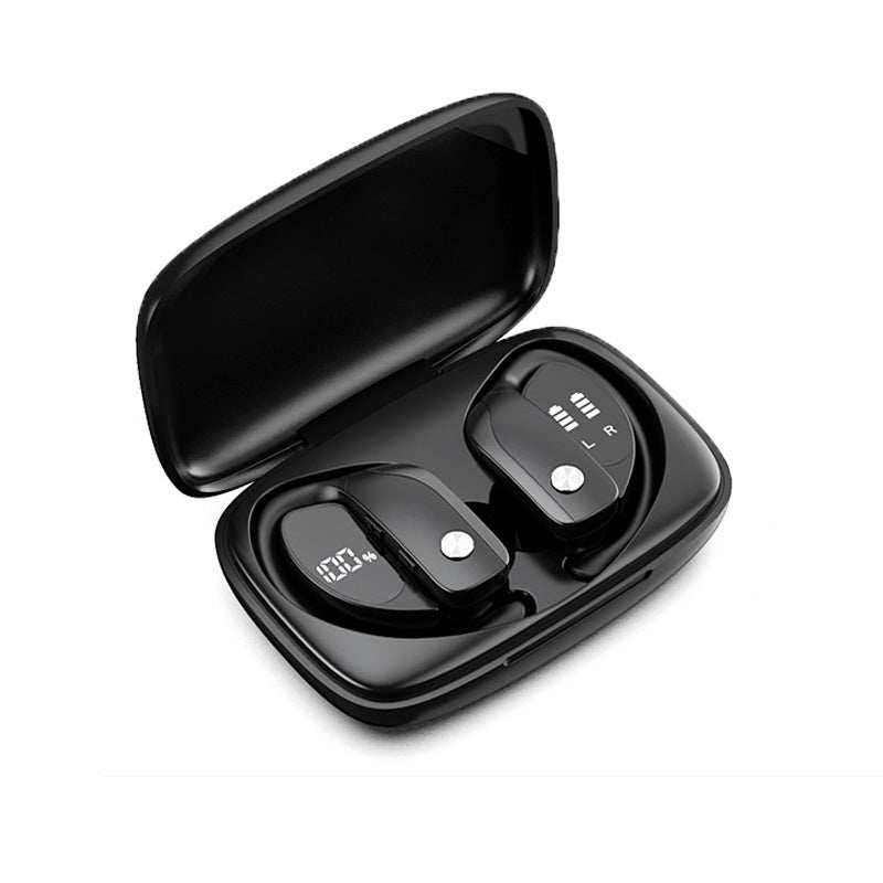 NVAHVA black wireless sports earbuds with charging case and LED display