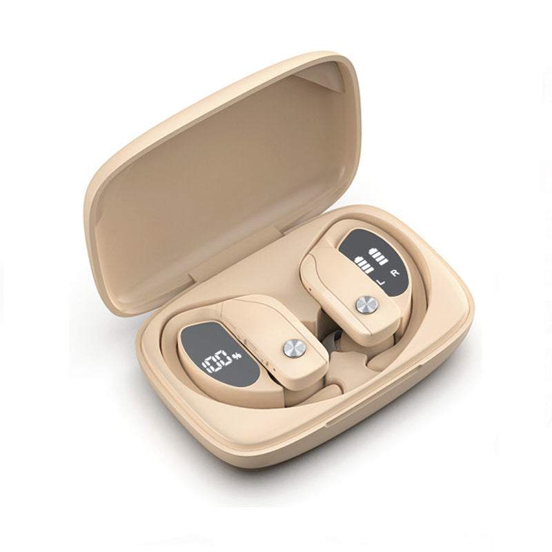 Beige NVAHVA Bluetooth wireless sport earbuds with charging case and battery display