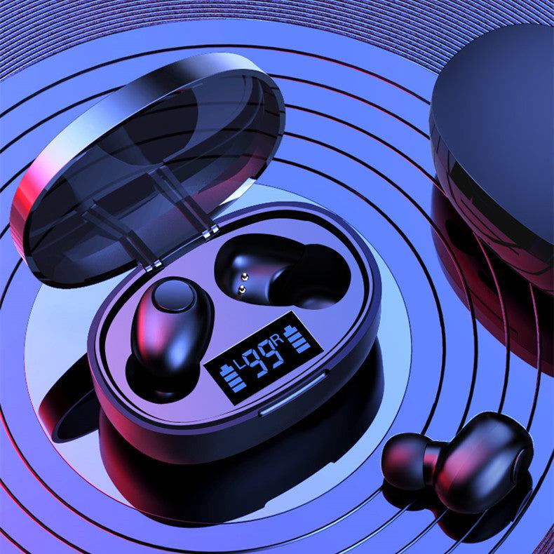Black mini wireless Bluetooth earbuds with digital charging case display and noise-cancelling feature.