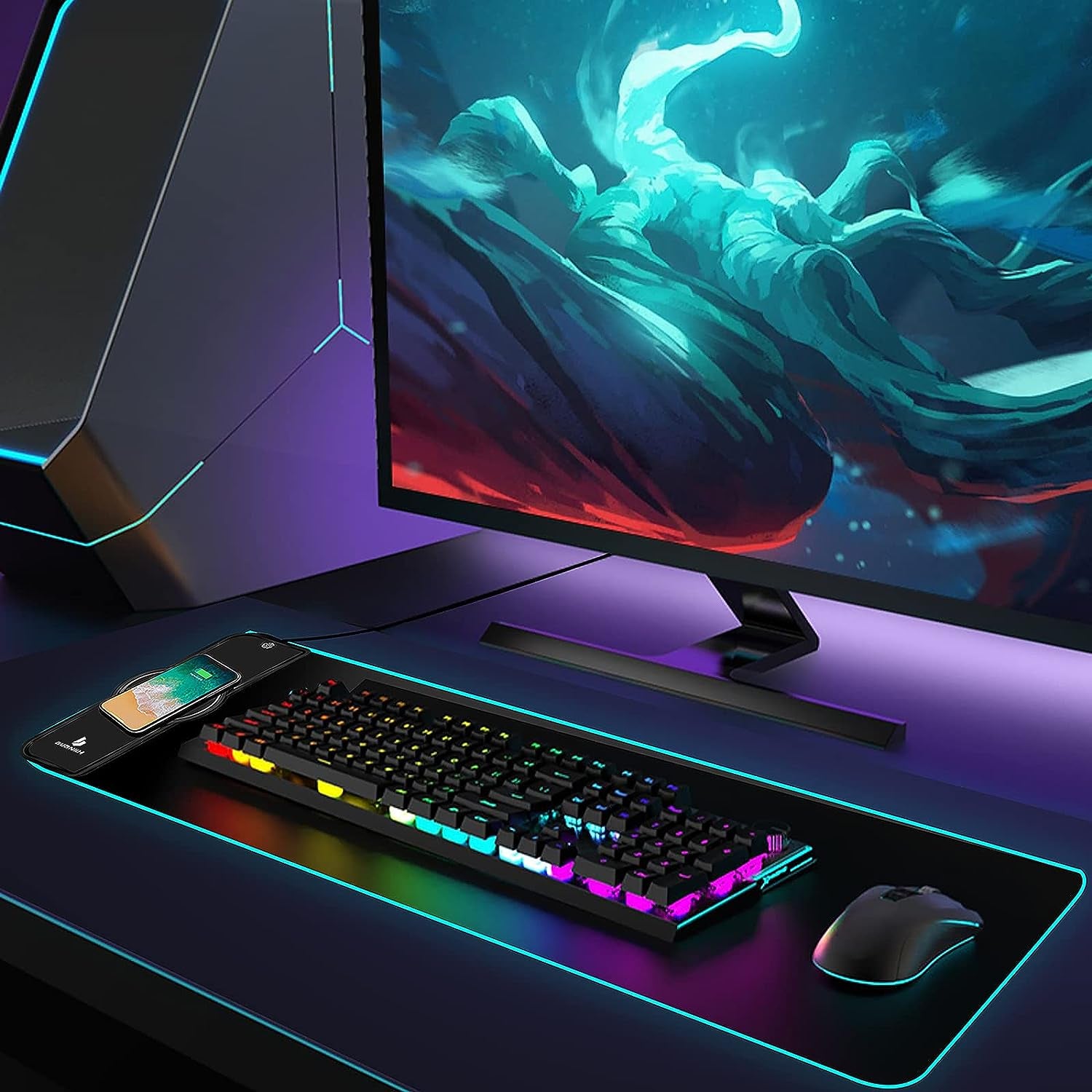 RGB Gaming Mouse Pad with Wireless Charging, 15W Fast Charging, 10 Lighting Modes