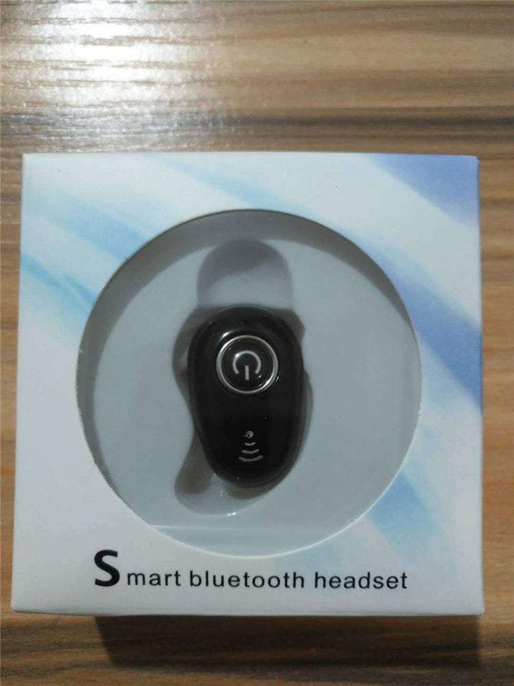 Mini wireless Bluetooth headset in black with power button, packaged in a white and blue smart Bluetooth headset box
