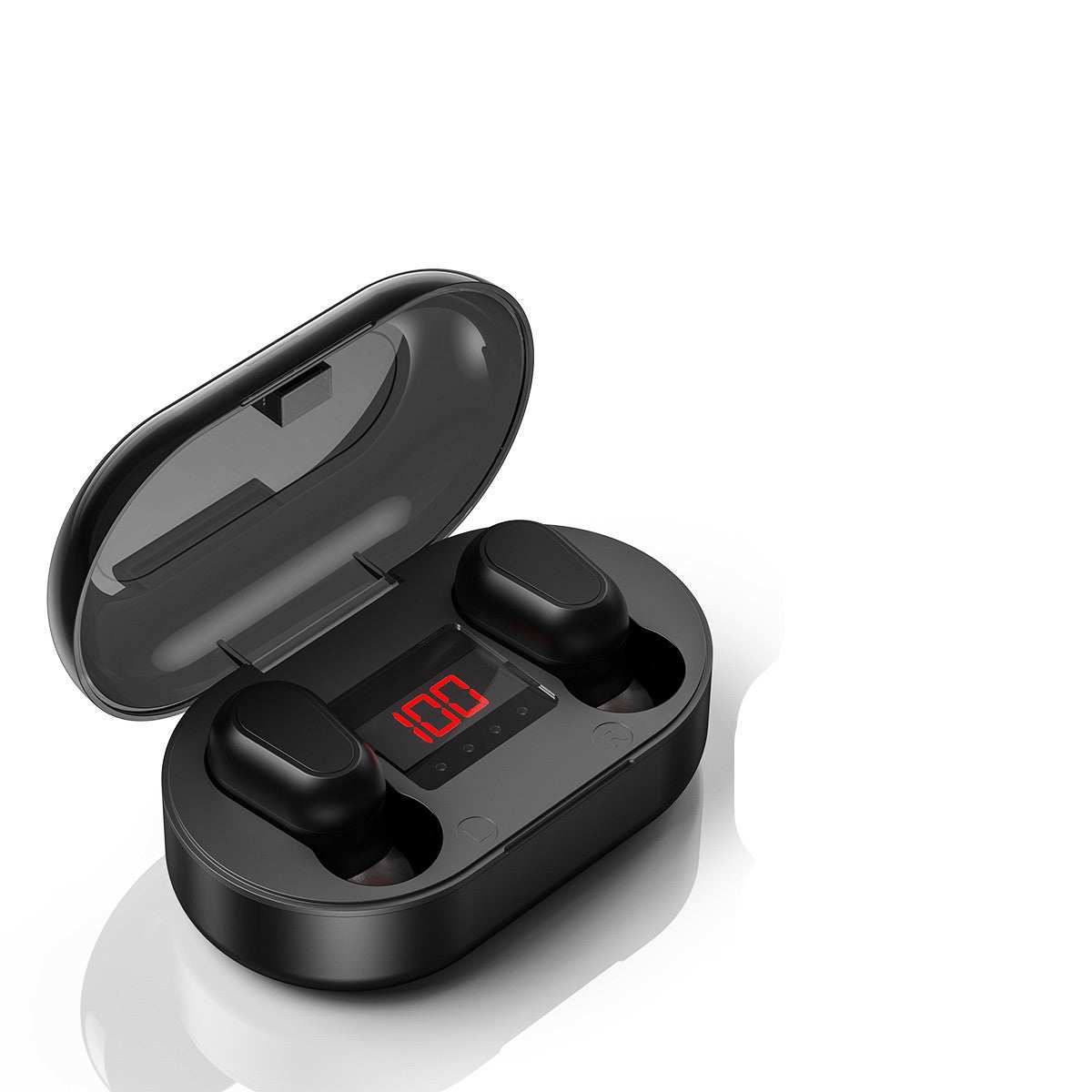 Black mini Bluetooth 5.0 wireless earbuds with digital charging case display