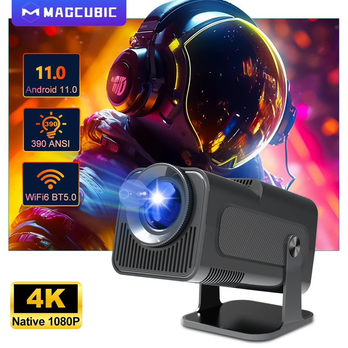 4K Android 11 Projector Native 1080P 390ANSI HY320 Dual Wifi6 BT5.0 1920x1080P Cinema Portable Projector Upgraded HY300