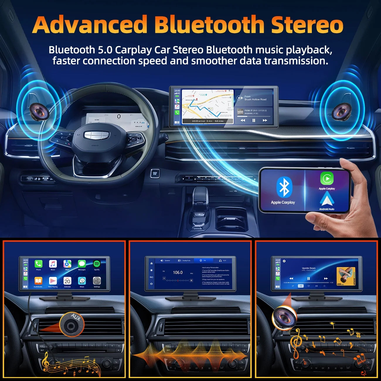 Portable Touchscreen Apple Carplay, 9.26" Wireless Carplay, Portable GPS Navigation, Car Stereo with Airplay, AUX/FM, Google, Siri, Bluetooth