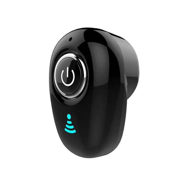 Mini black wireless Bluetooth earbud headset with power button and blue indicator light, invisible