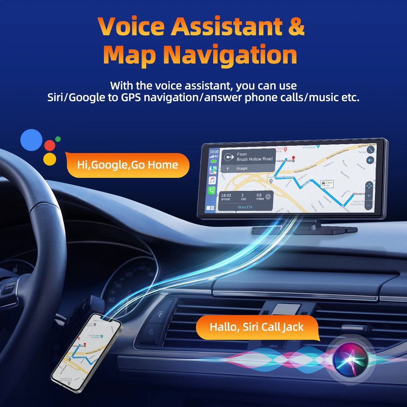 Portable Touchscreen Apple Carplay, 9.26" Wireless Carplay, Portable GPS Navigation, Car Stereo with Airplay, AUX/FM, Google, Siri, Bluetooth