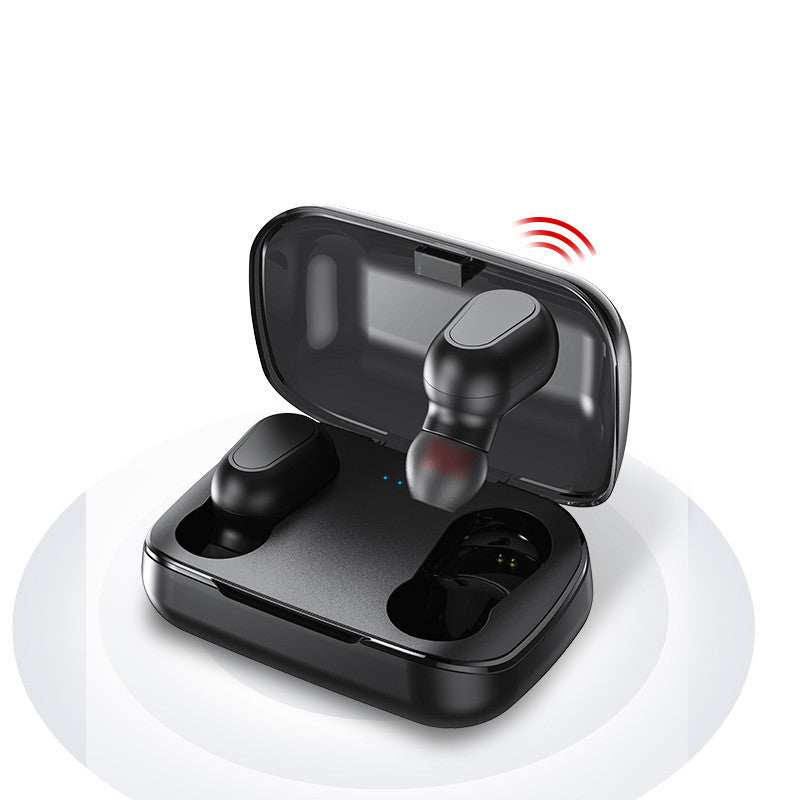 Black mini Bluetooth wireless earbuds with charging case and Bluetooth 5.0 connectivity