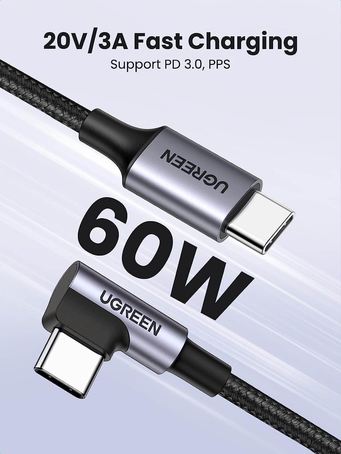 Right Angle USB-C to USB-C Cable – 60W Fast Charge, 90° Type-C for iPhone 16/15, MacBook, iPad Pro/Air, Galaxy S24/S23, Pixel 8/7, Switch
