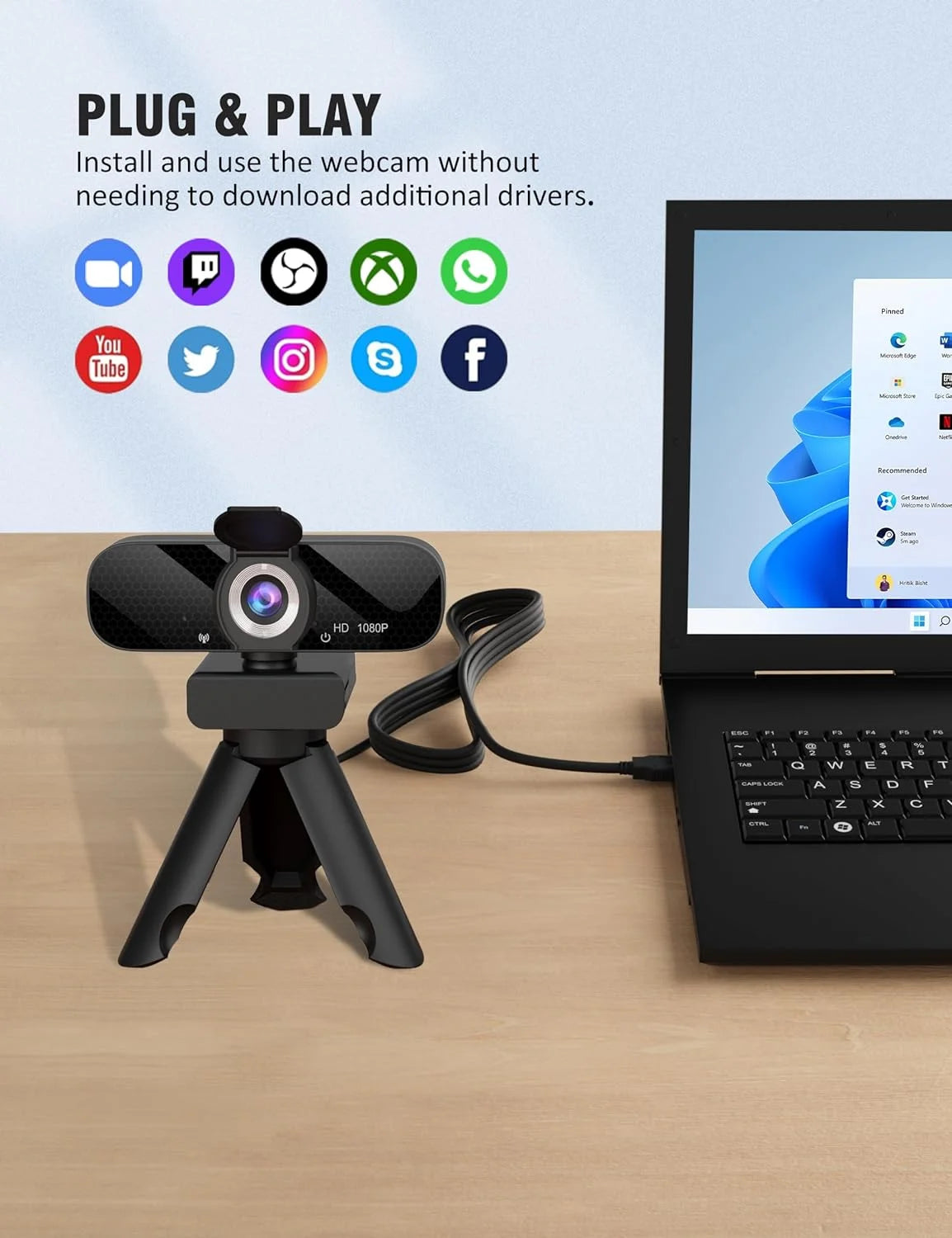 Full HD 1080P Webcam with Privacy Shutter and Tripod, Pro Streaming Web Camera with Microphone