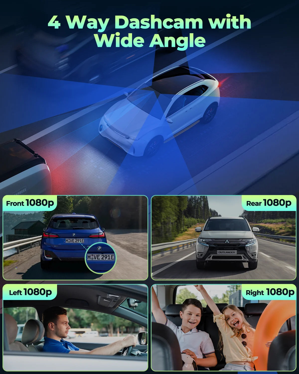 4 Channel Dash Cam Front and Rear, for 24Hr Security Parking Monitor, 1080P FHD 360 Degree View Dash Camera, IR Night Vision Dashcam, G-Sensor, Comes with 1, 128GB Card