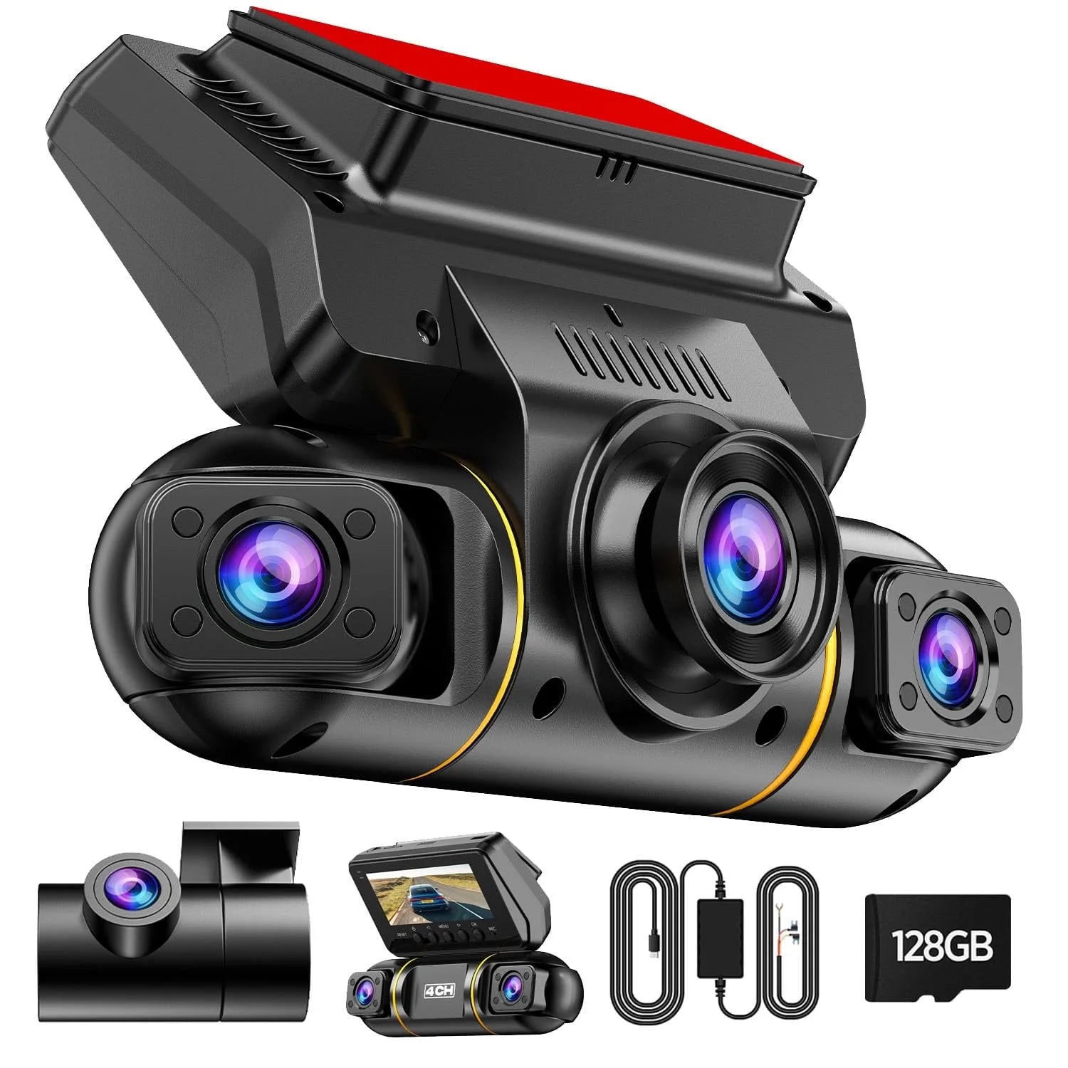4 Channel Dash Cam Front and Rear, for 24Hr Security Parking Monitor, 1080P FHD 360 Degree View Dash Camera, IR Night Vision Dashcam, G-Sensor, Comes with 1, 128GB Card
