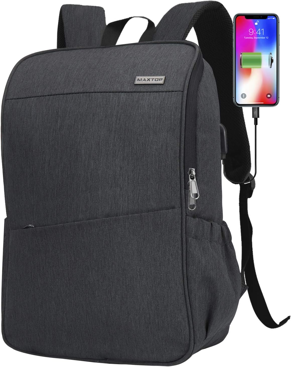 Deep Storage Laptop Backpack with USB Charging Port[Water Resistant] College Computer Bookbag Fits 15 Inch Laptop Black