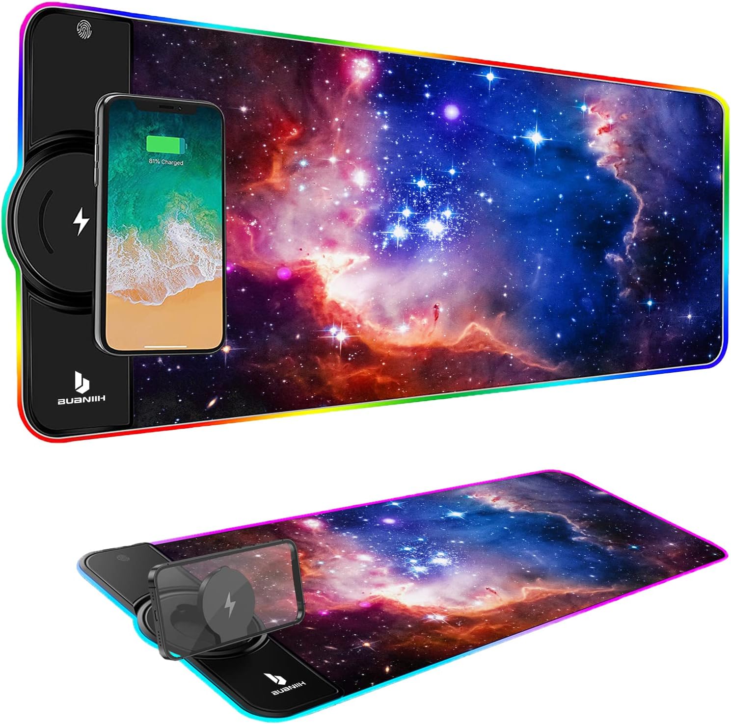 RGB Gaming Mouse Pad with Wireless Charging, 15W Fast Charging, 10 Lighting Modes