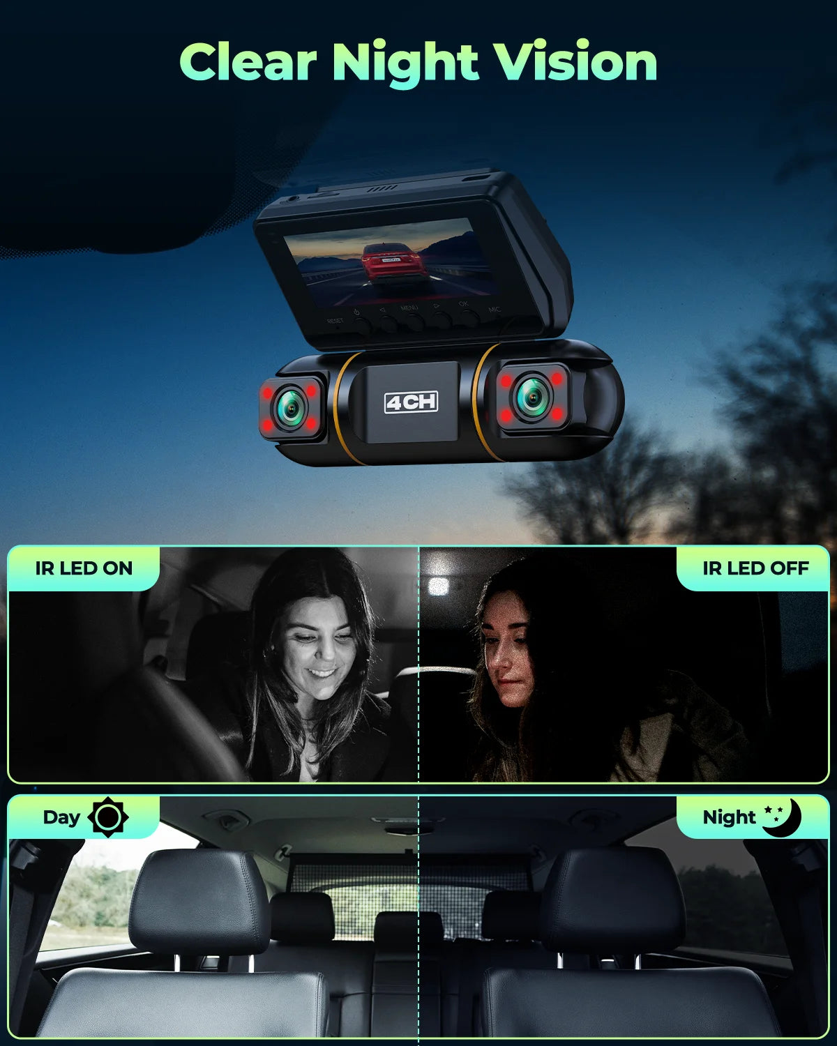 4 Channel Dash Cam Front and Rear, for 24Hr Security Parking Monitor, 1080P FHD 360 Degree View Dash Camera, IR Night Vision Dashcam, G-Sensor, Comes with 1, 128GB Card
