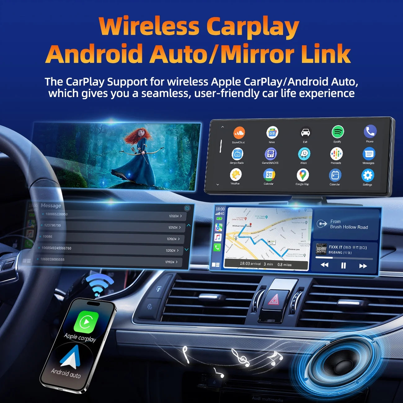 Portable Touchscreen Apple Carplay, 9.26" Wireless Carplay, Portable GPS Navigation, Car Stereo with Airplay, AUX/FM, Google, Siri, Bluetooth