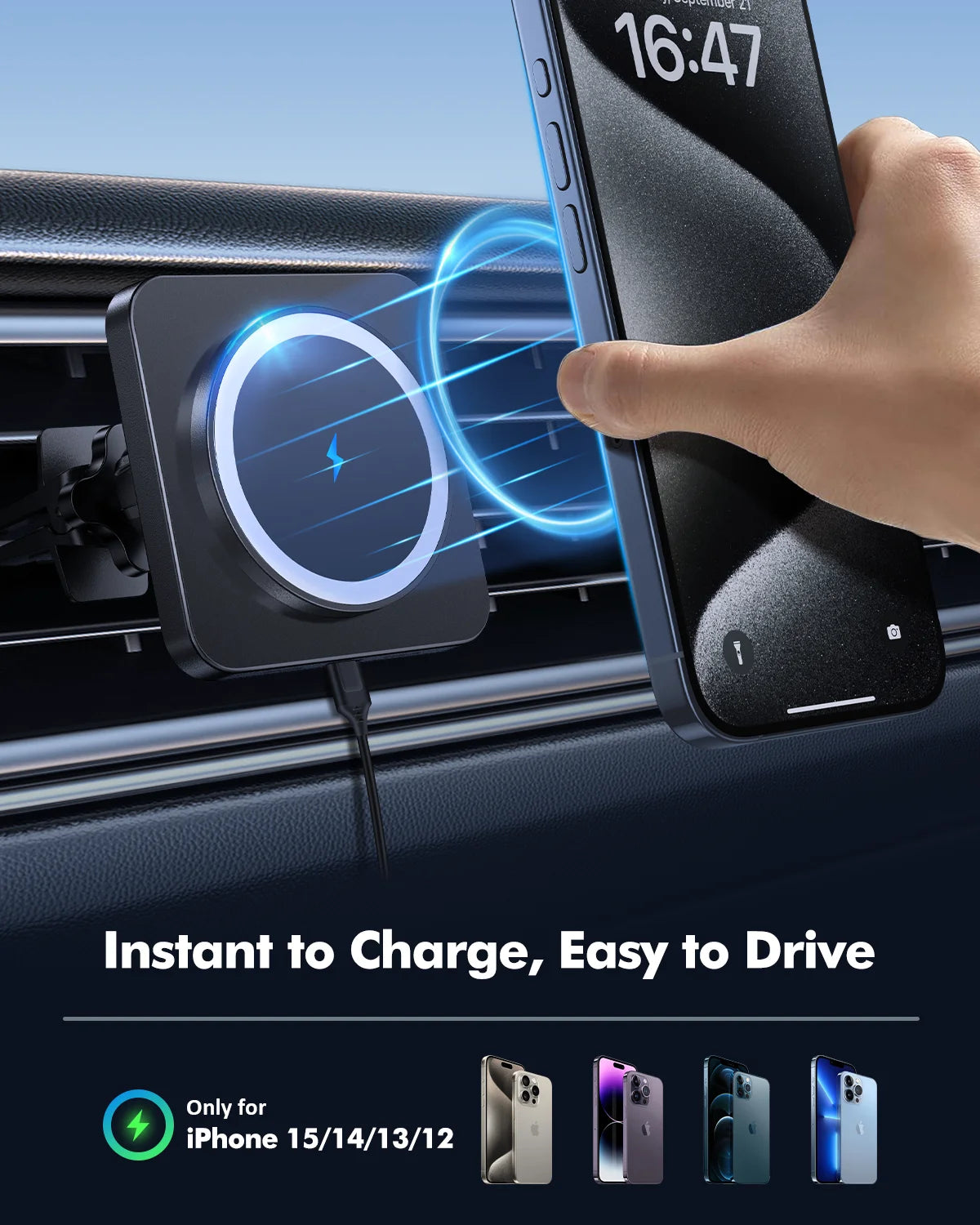 Wireless Charger - Car Mount Fast Charging Air Vent Phone Holder Mount for iPhone 16/15/14/13/12 - Black