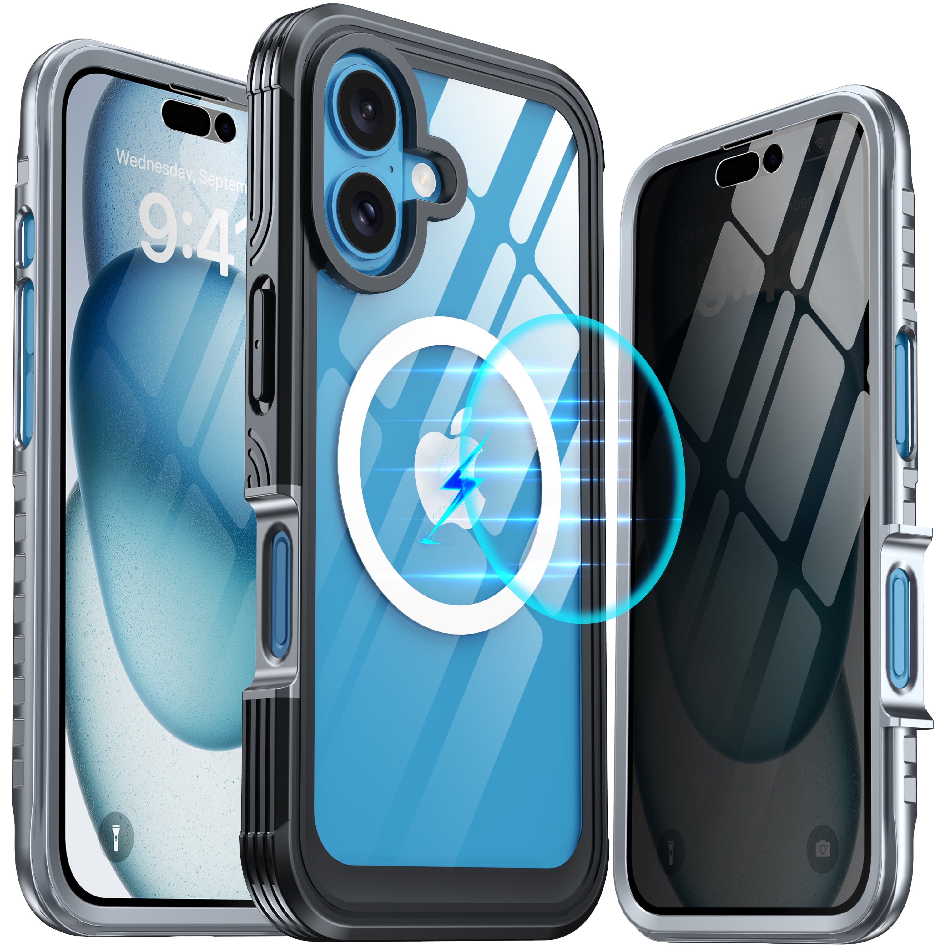 iPhone 16 Case, Double Front Frame Built-In 9H Tempered Glass Screen Protector + Privacy Screen Protector, Compatible with Magsafe