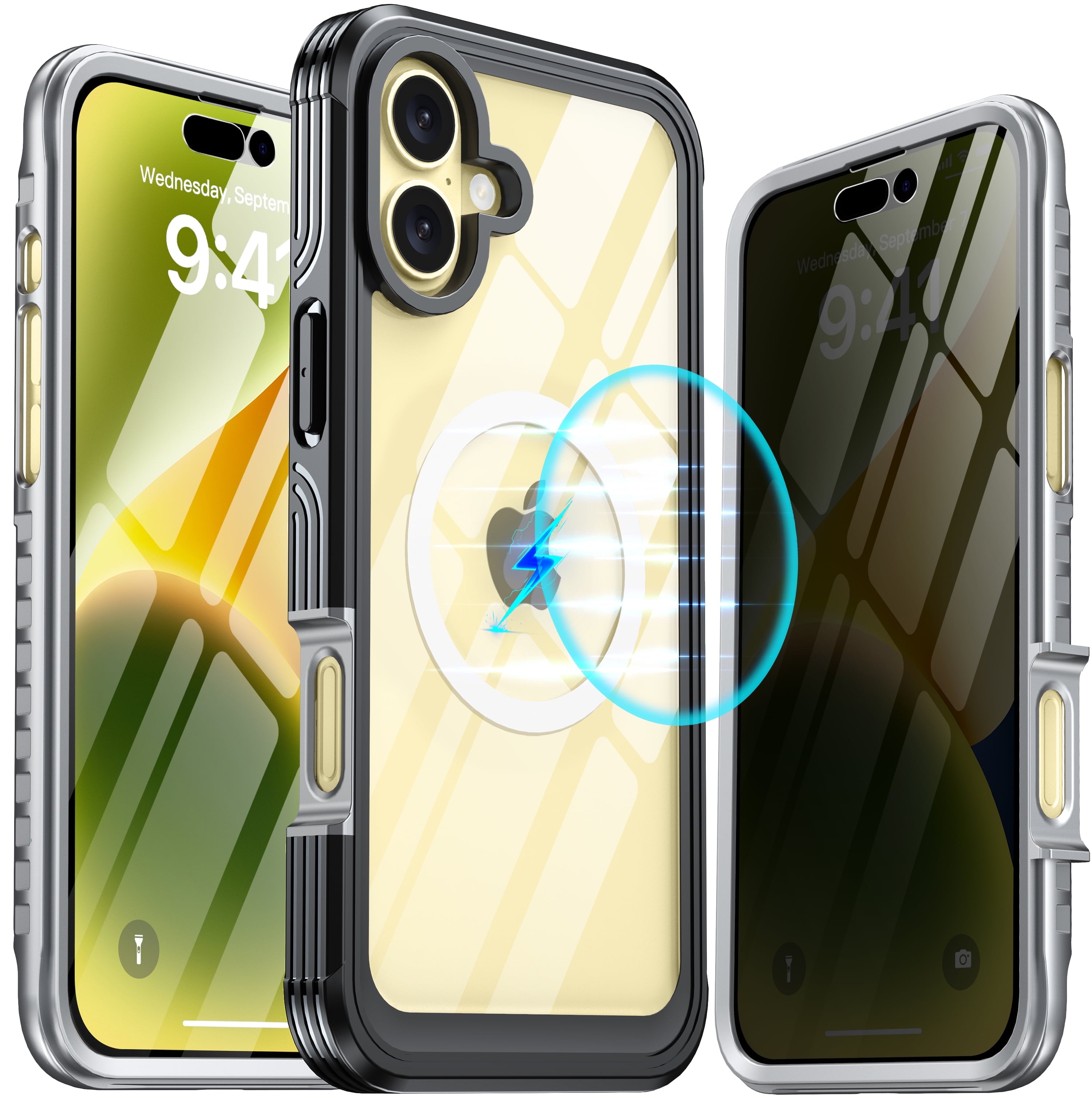 iPhone 16 Case, Double Front Frame Built-In 9H Tempered Glass Screen Protector + Privacy Screen Protector, Compatible with Magsafe