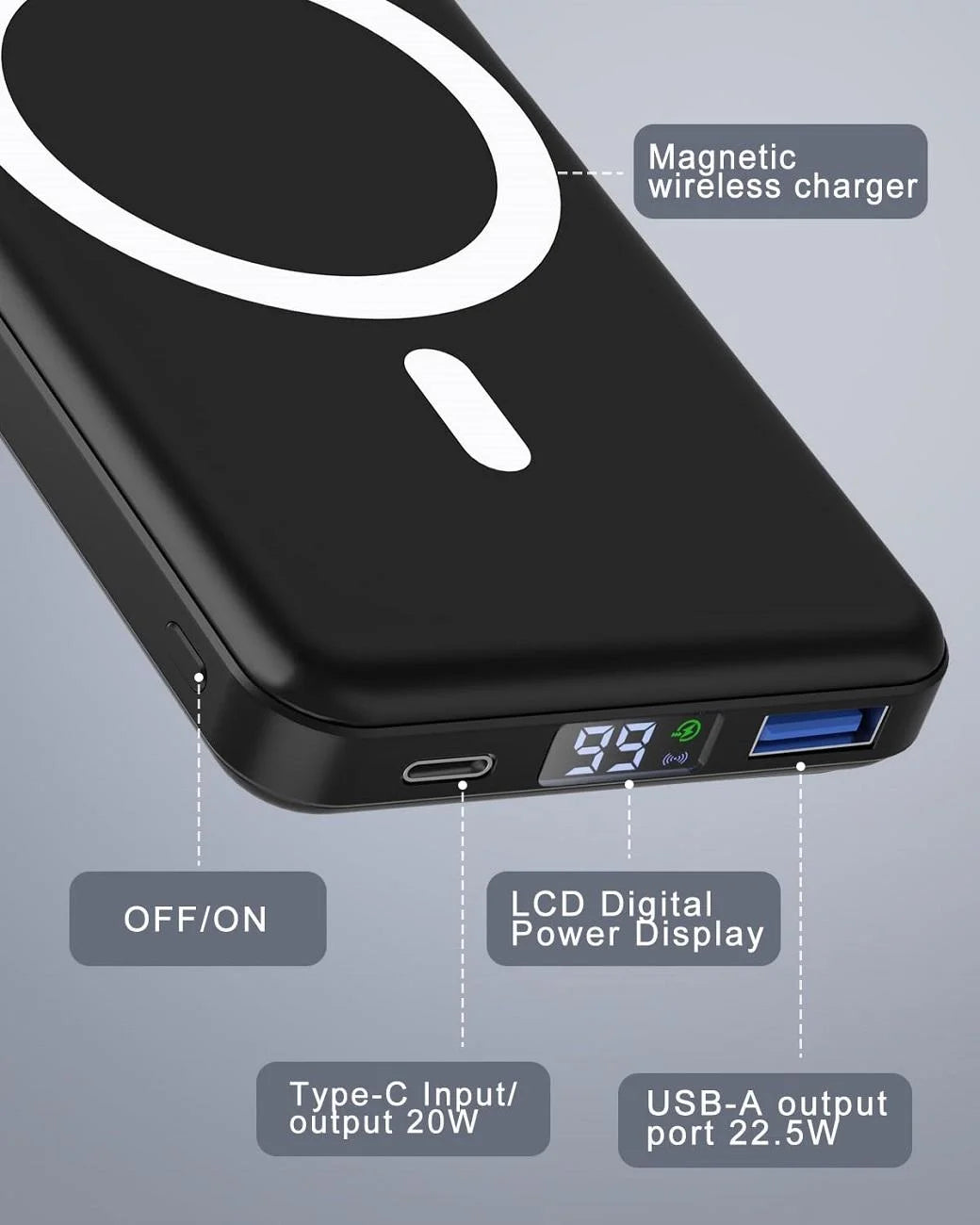 Wireless Portable Charger, 10000Mah Magnetic Power Bank LED Display 22.5W PD Fast Charging Battery Pack for Iphone 16/15/14/13/12/Mini/Pro/Pro Max