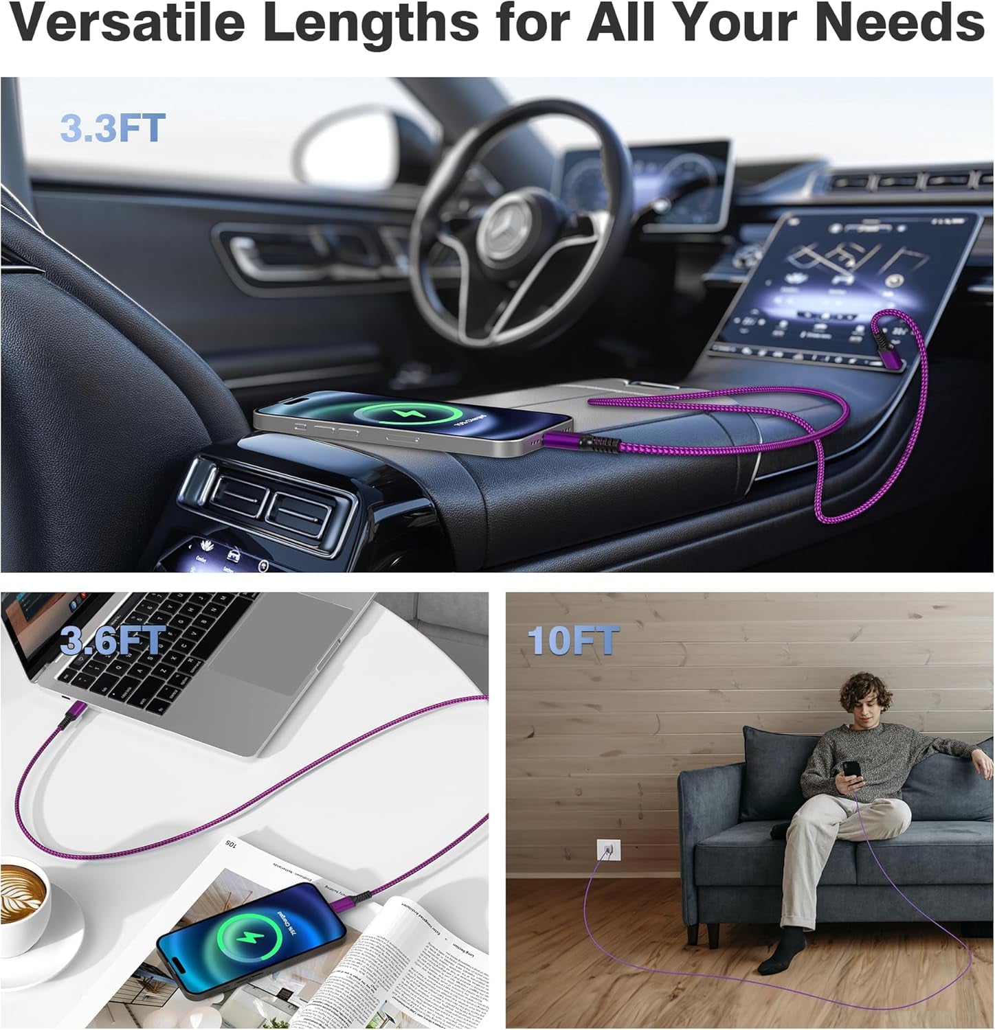 USB C Charging Cable 3.3/6.6/10FT 3Pack, 100W 