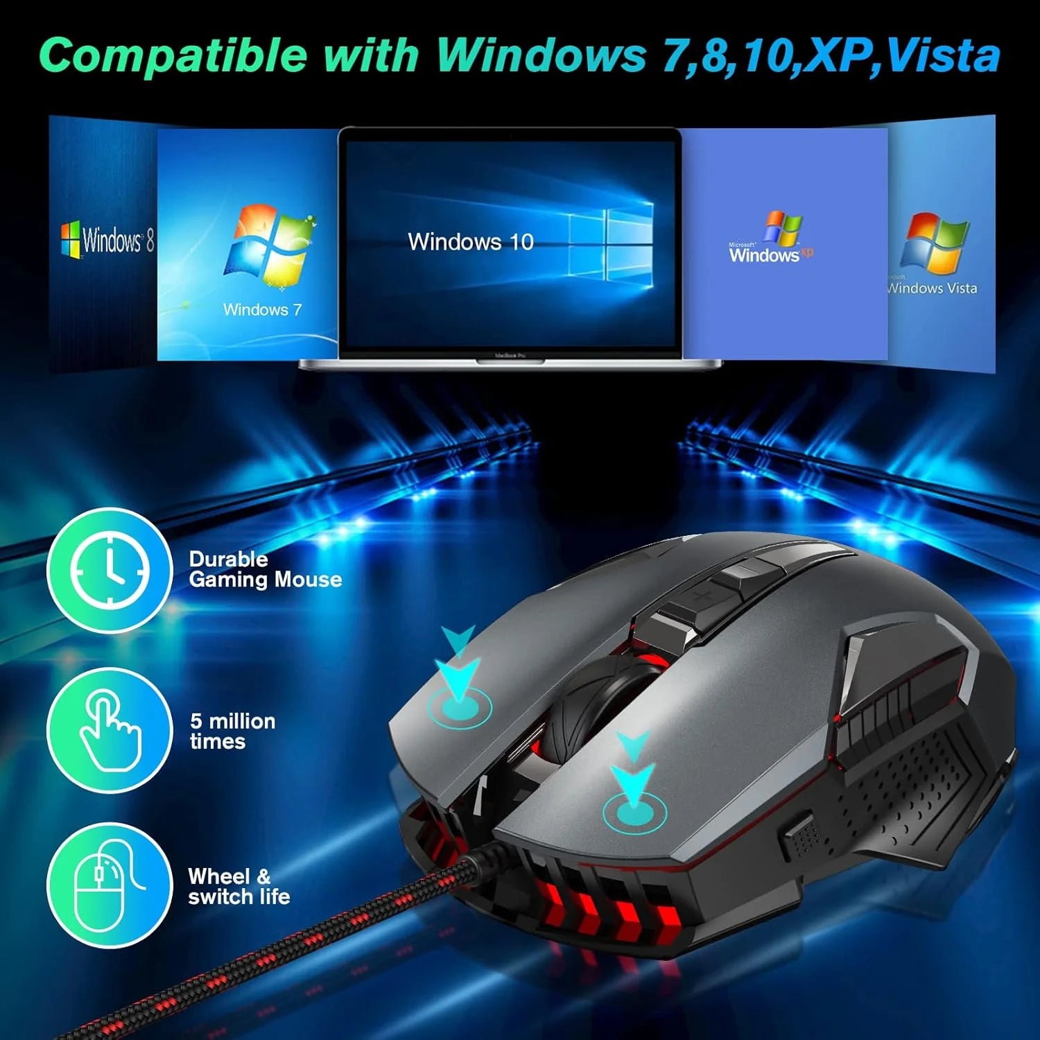  Wired Gaming Mouse, RGB Gaming Mouse, 4 Color Backlight, Ergonomic Wired Mouse