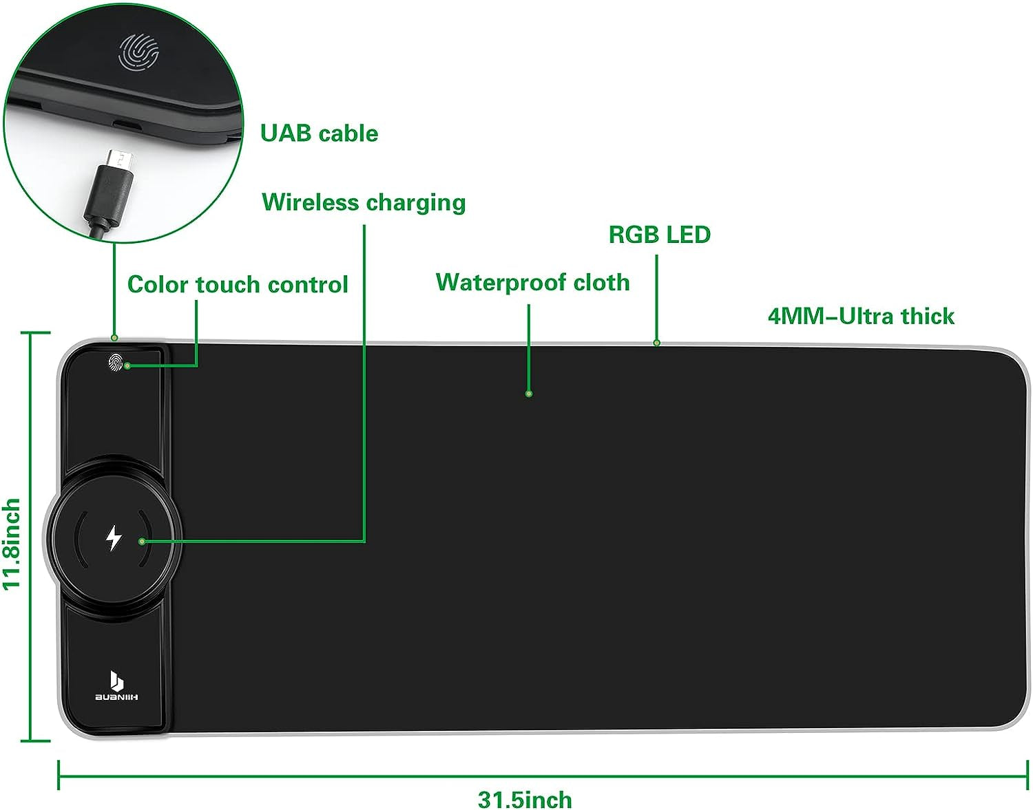 RGB Gaming Mouse Pad with Wireless Charging, 15W Fast Charging, 10 Lighting Modes
