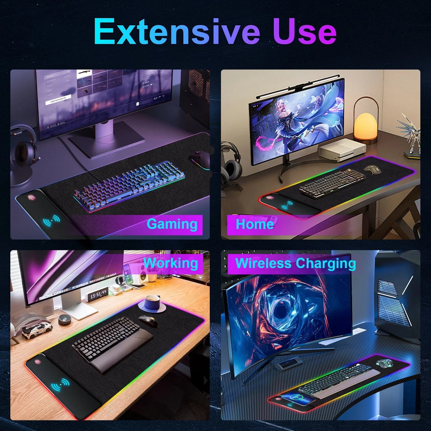 RGB 15W Large Wireless Charger Gaming Mouse Pad, Desk Mat with 10 Light Modes, Keyboard Pad with Non-Slip Rubber Base