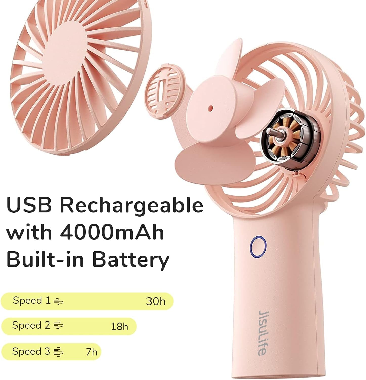 Handheld Portable Fan [20H Max Cooling Time] Mini Hand Fan, 4000Mah USB Rechargeable Personal Fan, Battery Operated Small Fan with 3 Speeds for Travel/Commute/Makeup/Office