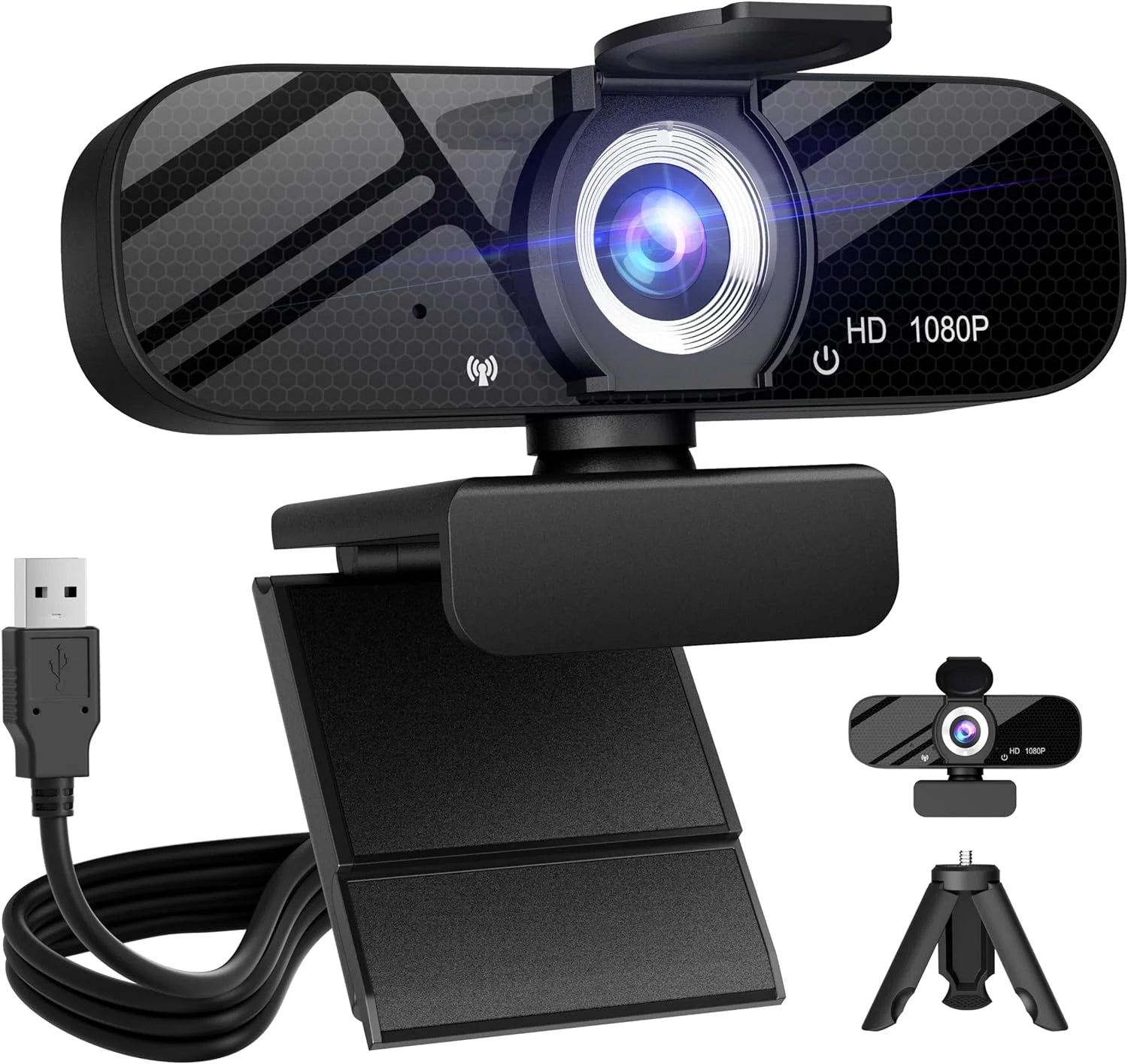Full HD 1080P Webcam with Privacy Shutter and Tripod, Pro Streaming Web Camera with Microphone