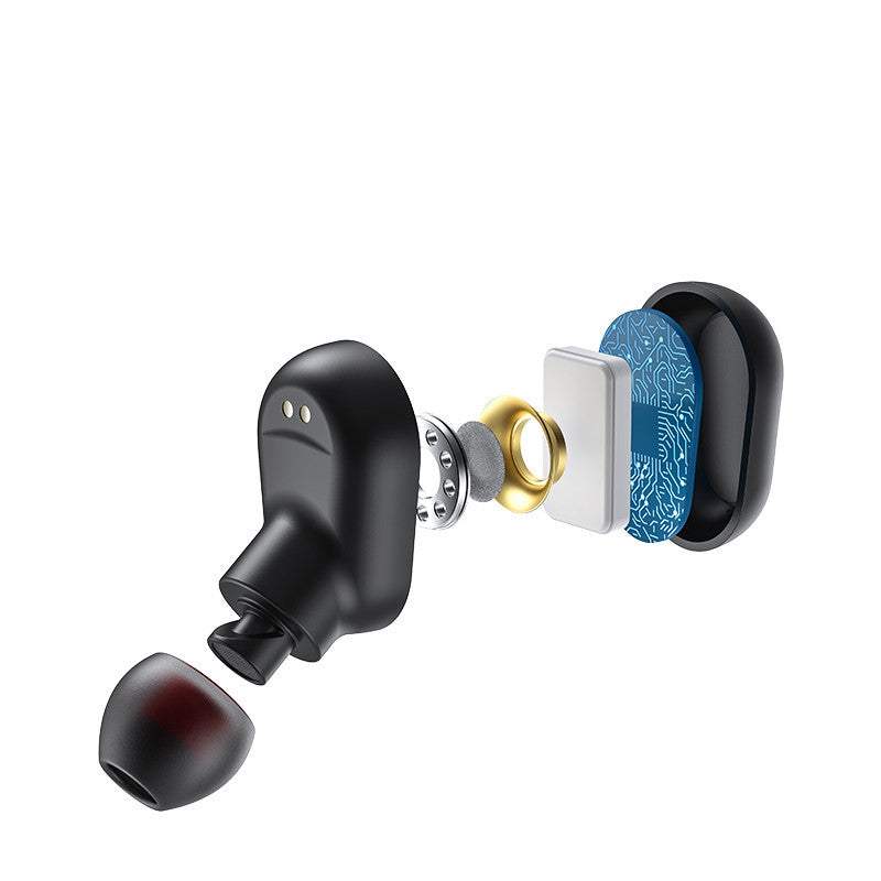 Exploded view of a black mini Bluetooth wireless earbud showing internal components and detachable
