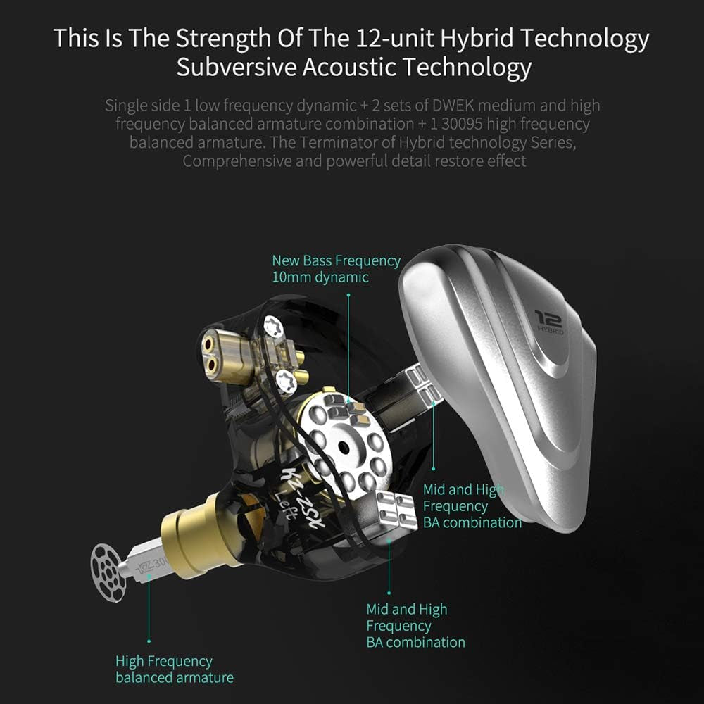 KZ ZSX 5BA+1DD 6 Driver Hybrid In-Ear Hifi Earphones with Zinc Alloy Faceplate, Recessed 2 Pin Detachable Cable for Audiophile Musician 