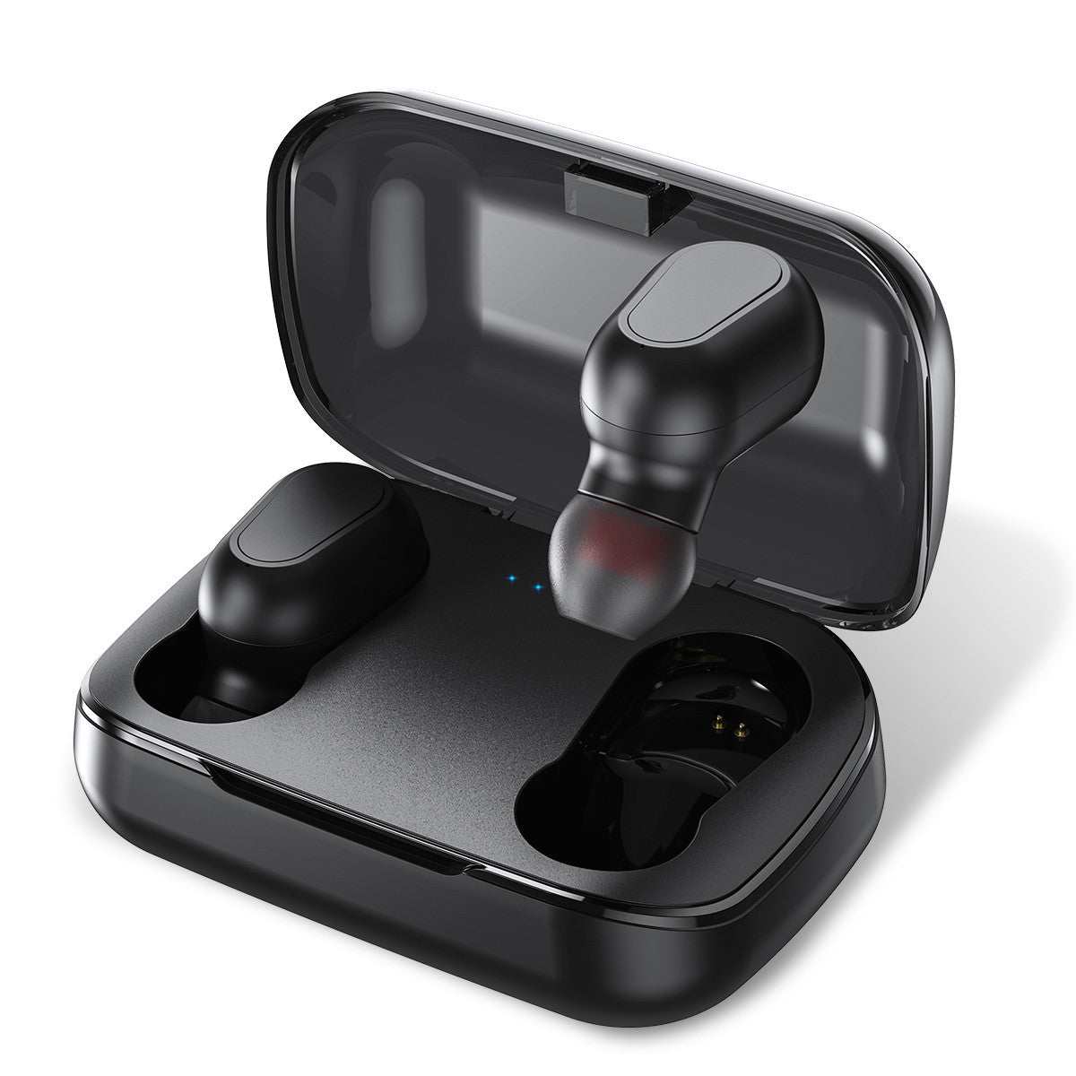 Black mini Bluetooth 5.0 wireless earbuds in open charging case with one earbud lifted out